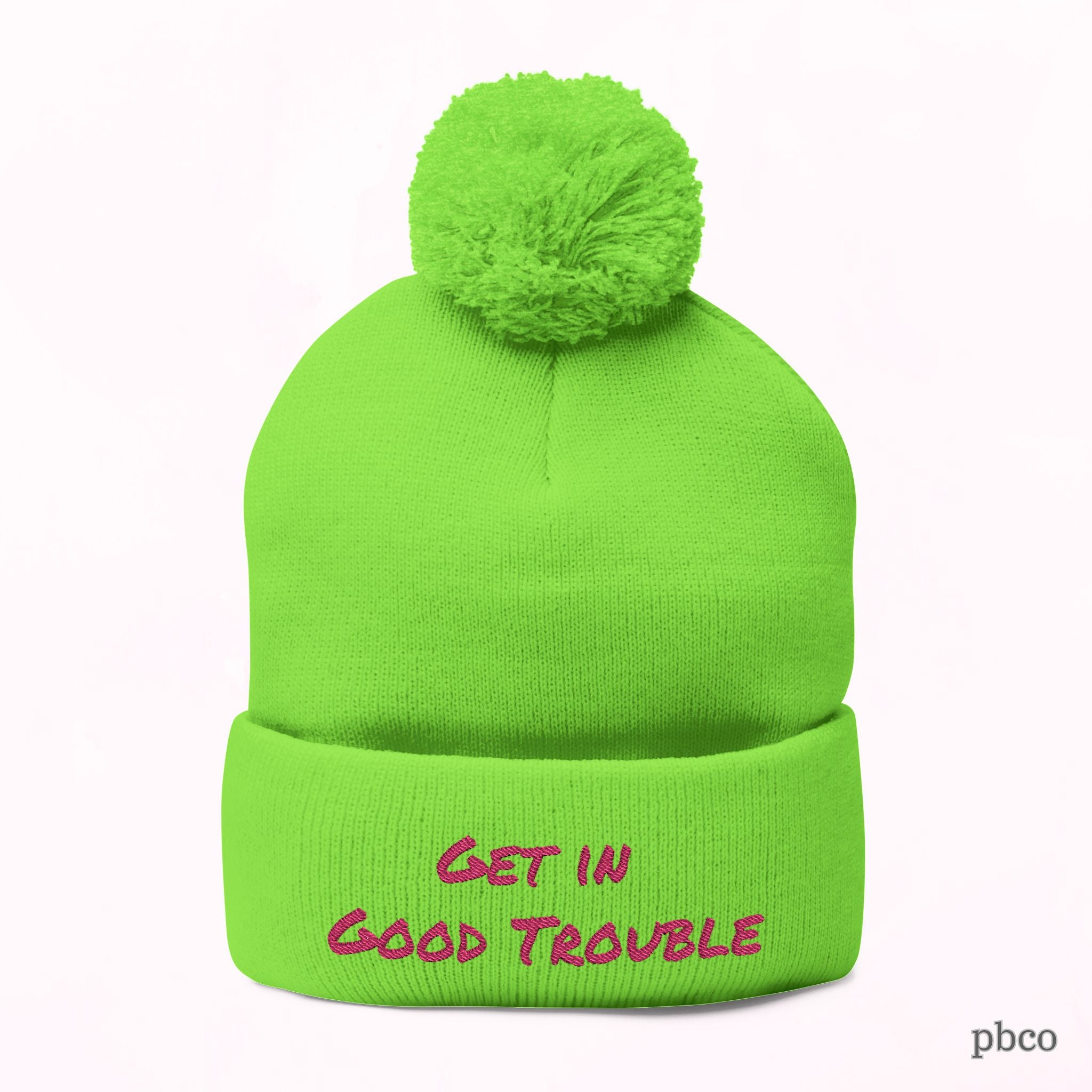 Pom-Pom Knit Cap - Embroidered 'Get in Good Trouble' Beanie