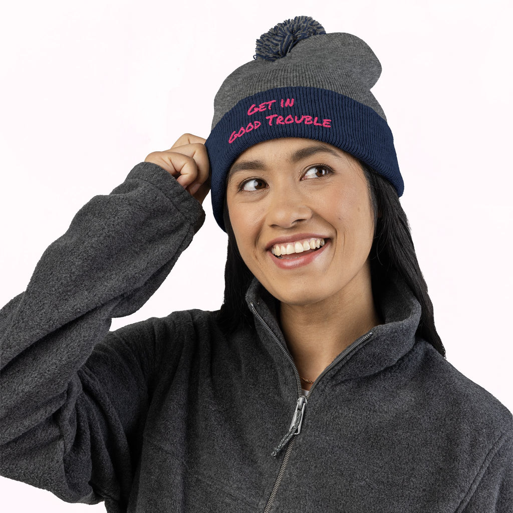 Pom-Pom Knit Cap - Embroidered 'Get in Good Trouble' Beanie