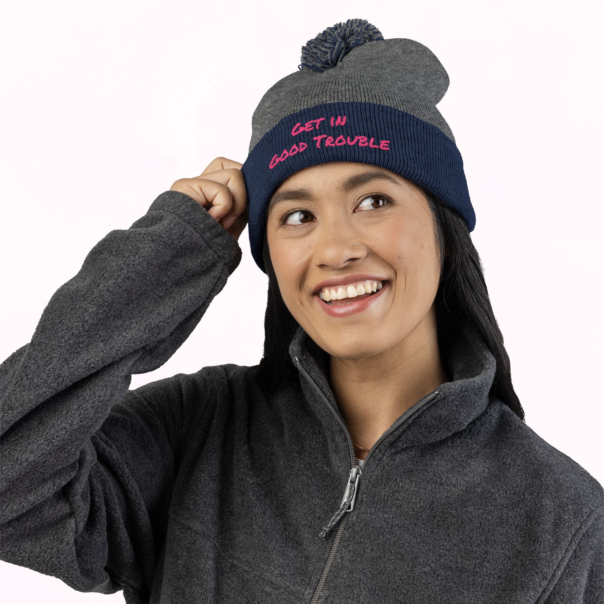 Pom-Pom Knit Cap - Embroidered 'Get in Good Trouble' Beanie