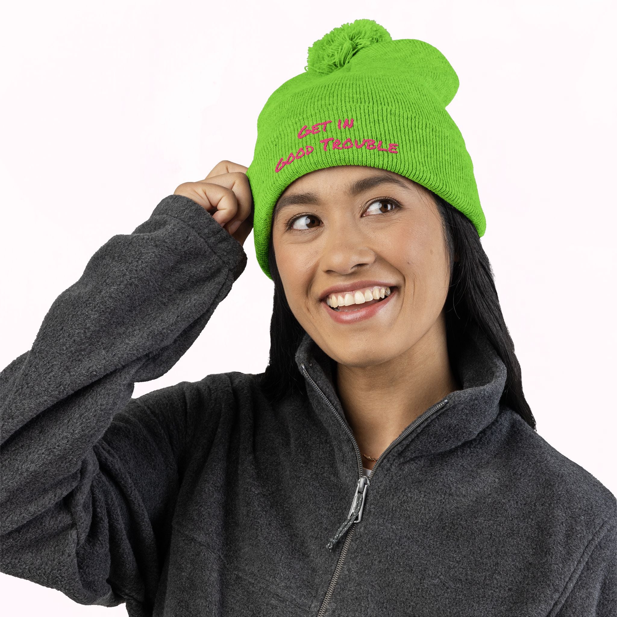 Pom-Pom Knit Cap - Embroidered 'Get in Good Trouble' Beanie