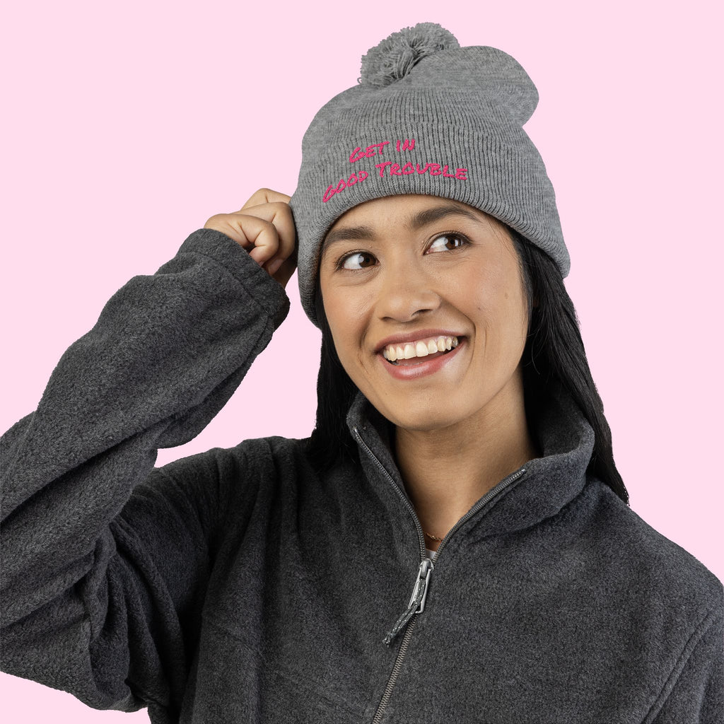 Pom-Pom Knit Cap - Embroidered 'Get in Good Trouble' Beanie