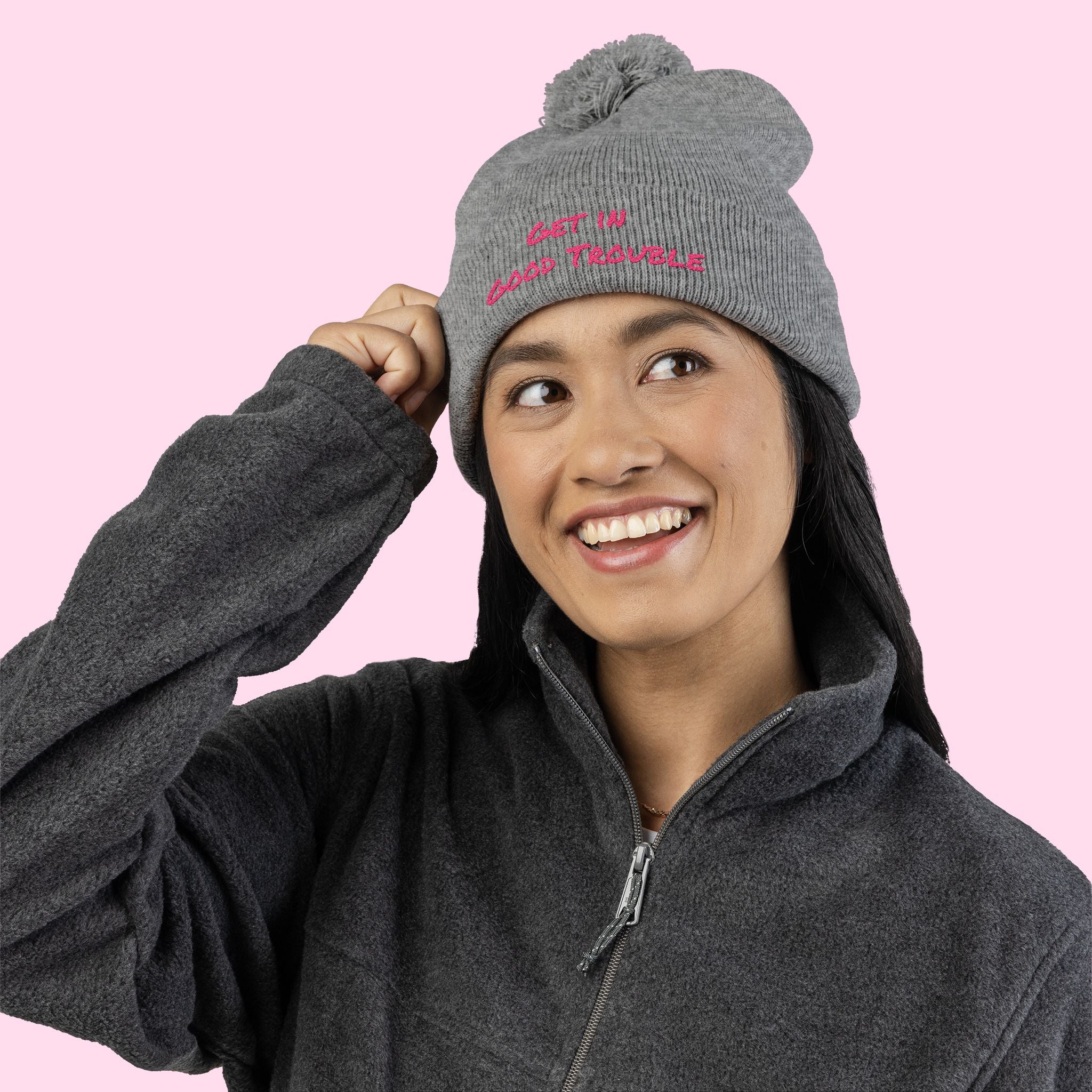 Pom-Pom Knit Cap - Embroidered 'Get in Good Trouble' Beanie