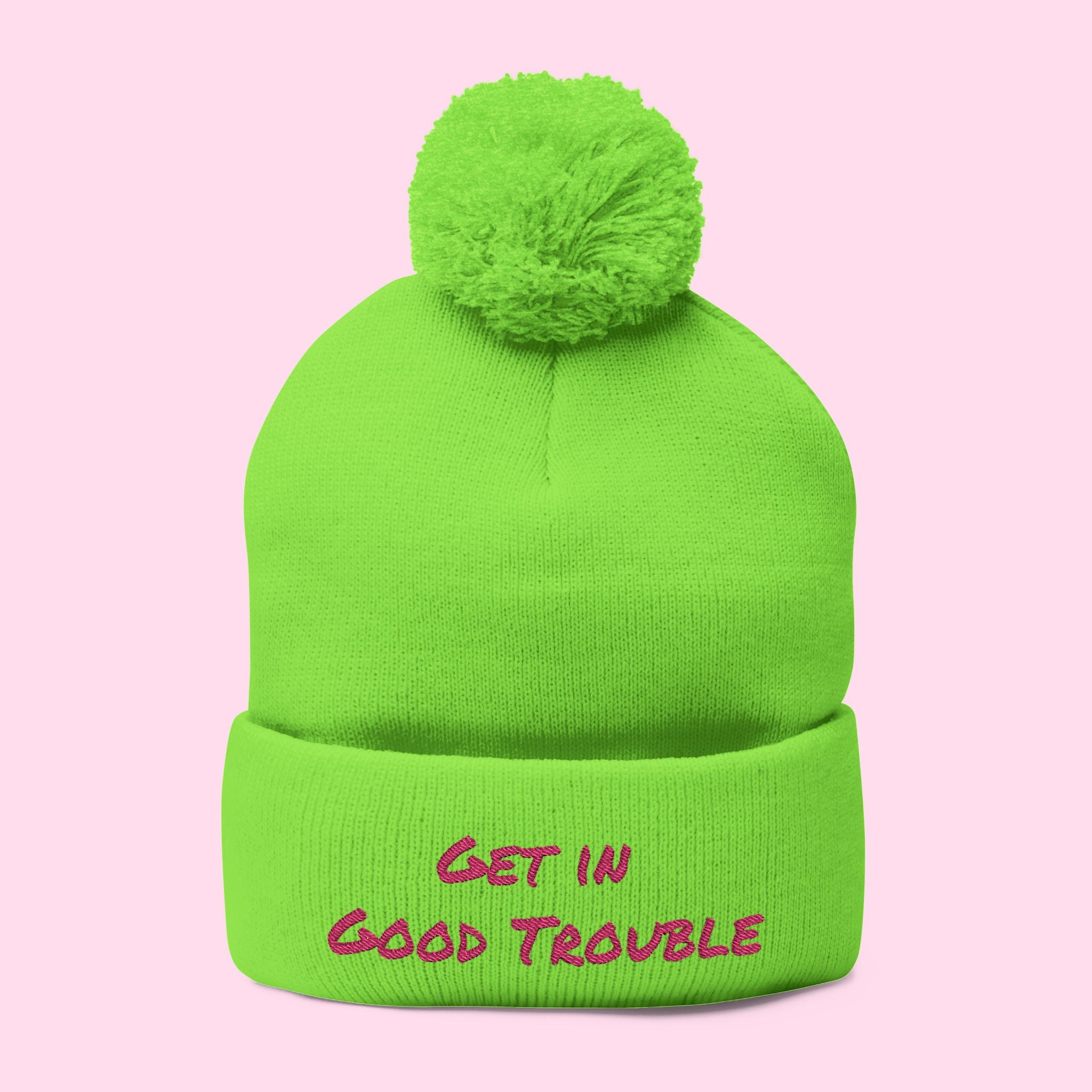 Pom-Pom Knit Cap - Embroidered 'Get in Good Trouble' Beanie