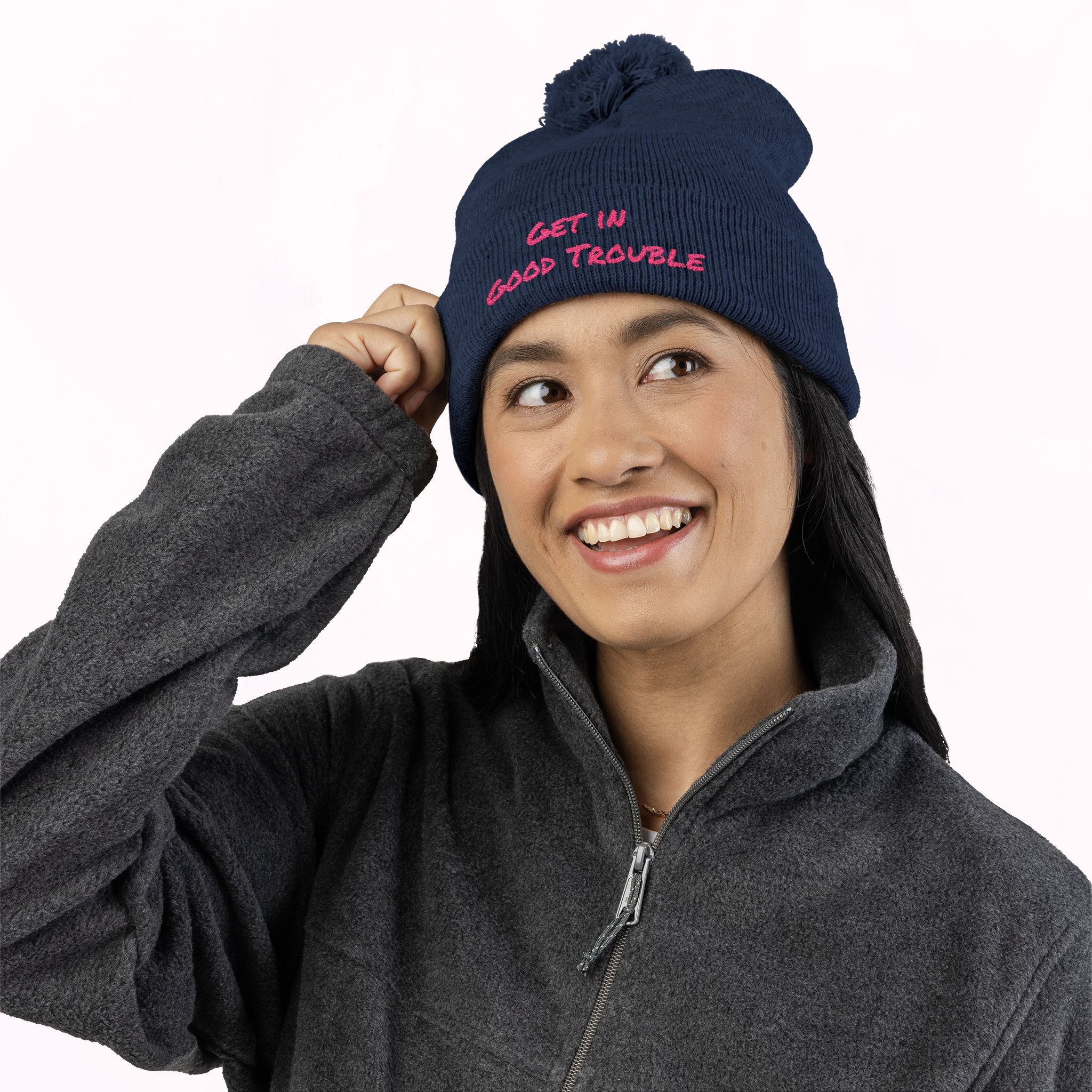 Pom-Pom Knit Cap - Embroidered 'Get in Good Trouble' Beanie