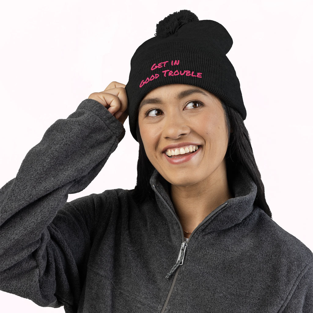 Pom-Pom Knit Cap - Embroidered 'Get in Good Trouble' Beanie