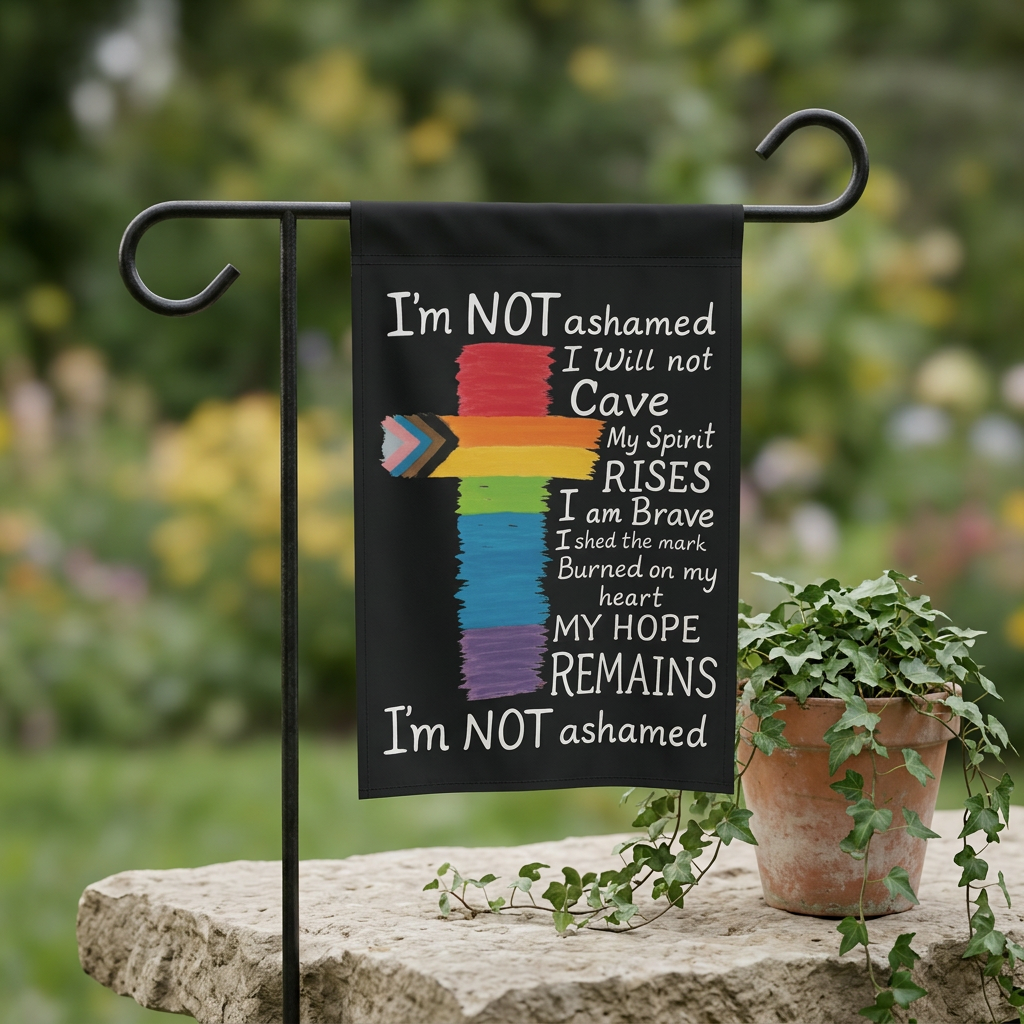Garden Flag "I'm NOT ashamed" Colors of Pride Cross