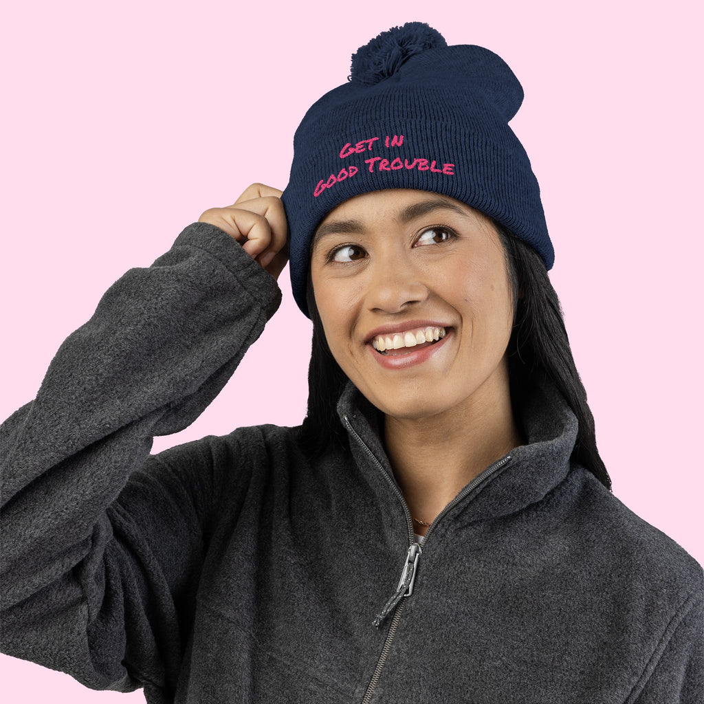Pom-Pom Knit Cap - Embroidered 'Get in Good Trouble' Beanie