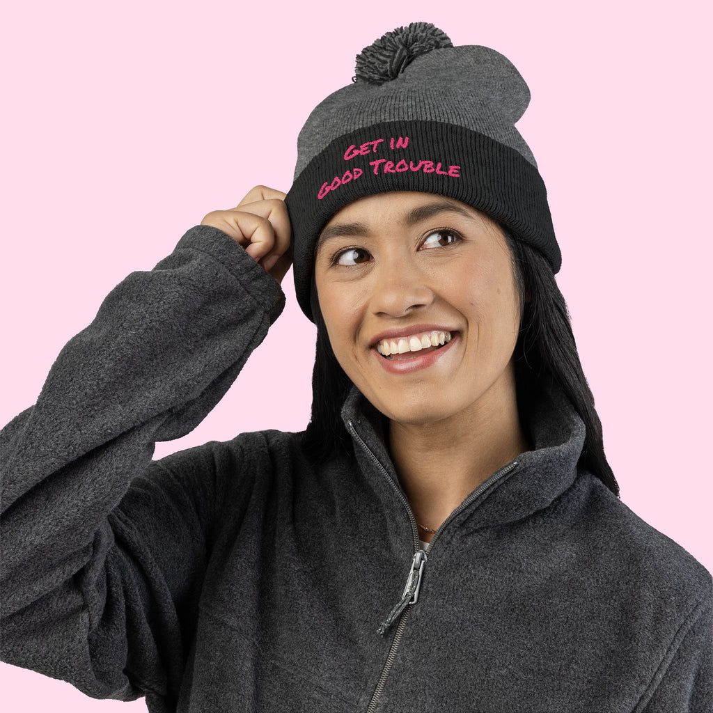 Pom-Pom Knit Cap - Embroidered 'Get in Good Trouble' Beanie