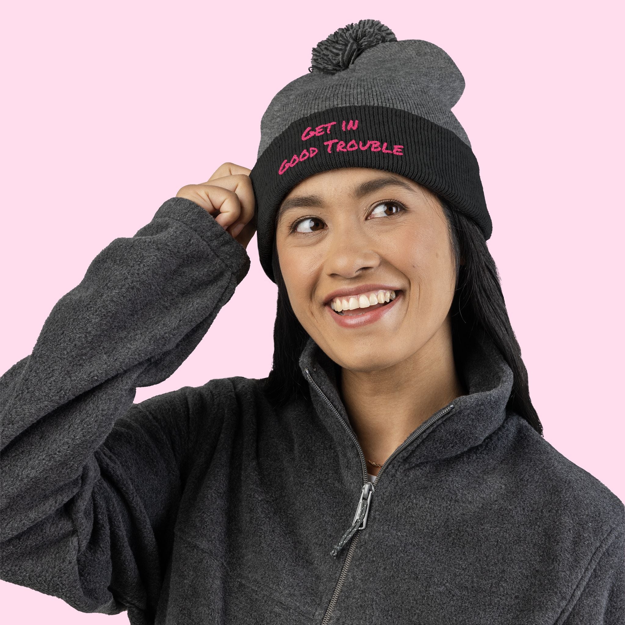 Pom-Pom Knit Cap - Embroidered 'Get in Good Trouble' Beanie