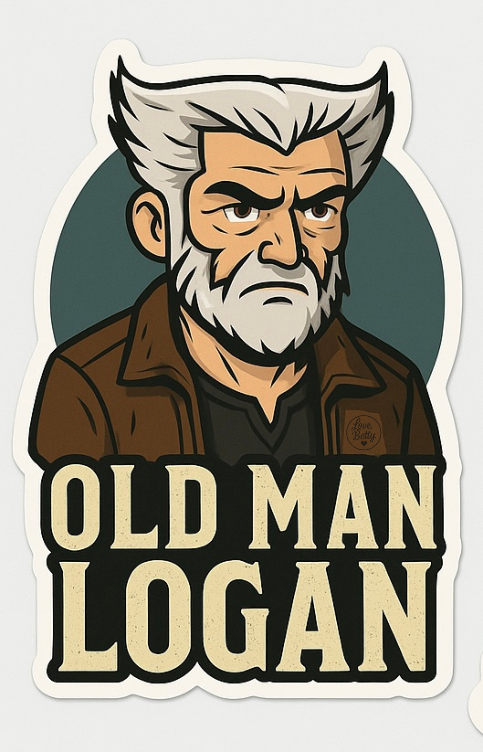 funny sticker with a grumpy superhero cartoon and text old man logan